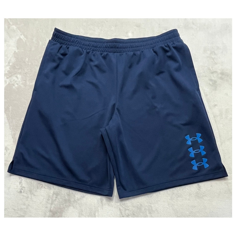 Under Armour Shorts Men XL Navy Blue Triple Logo Athletic Drawstring Gym Run